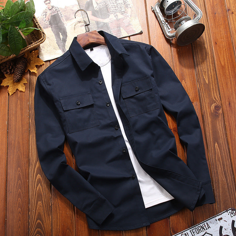 Men's Cotton Utility Shirt Jacket with Chest Flap Pockets and Shirt Collar Chichicherry