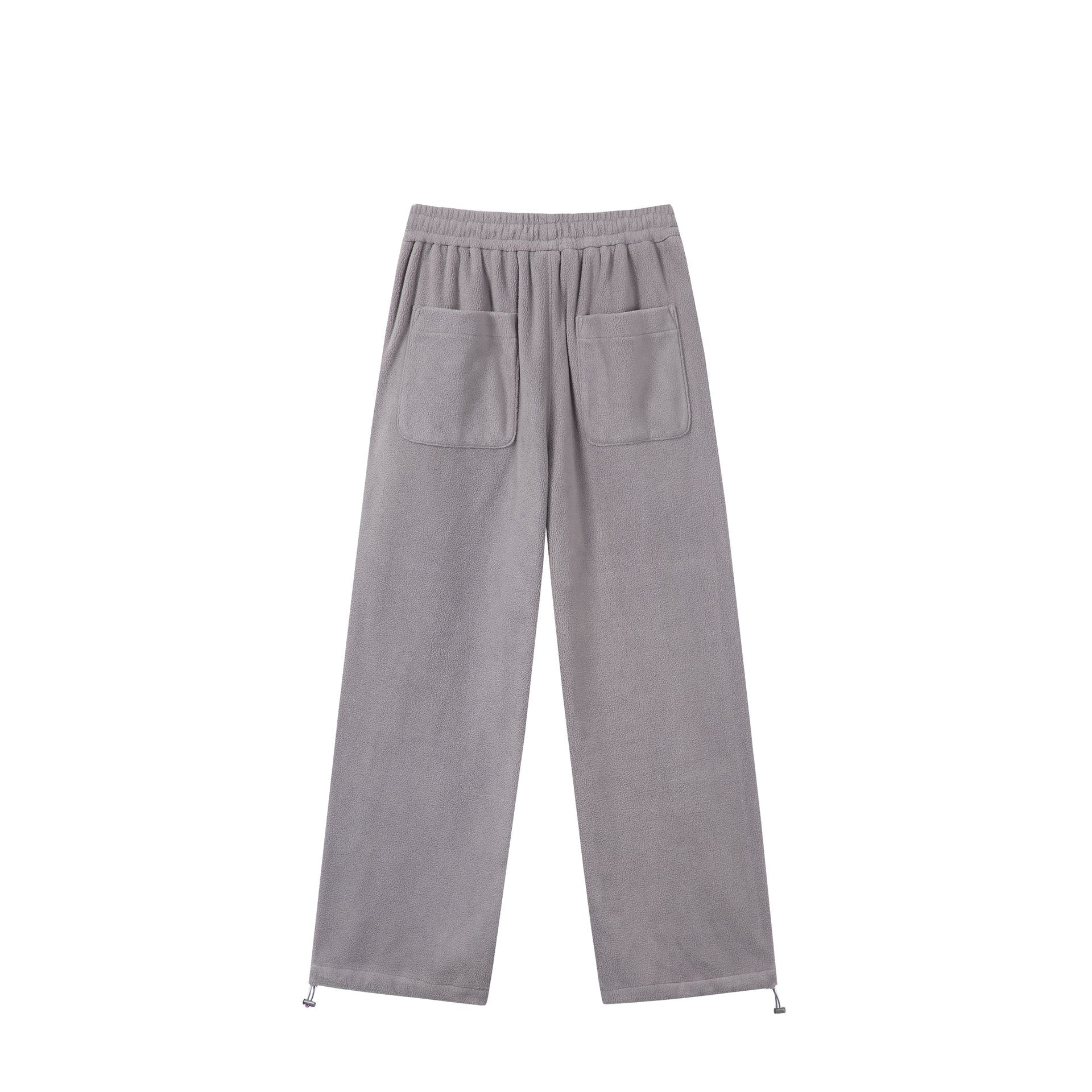 Women's wide fleece jogging pants with drawstring waistband, side pockets, and adjustable hem.