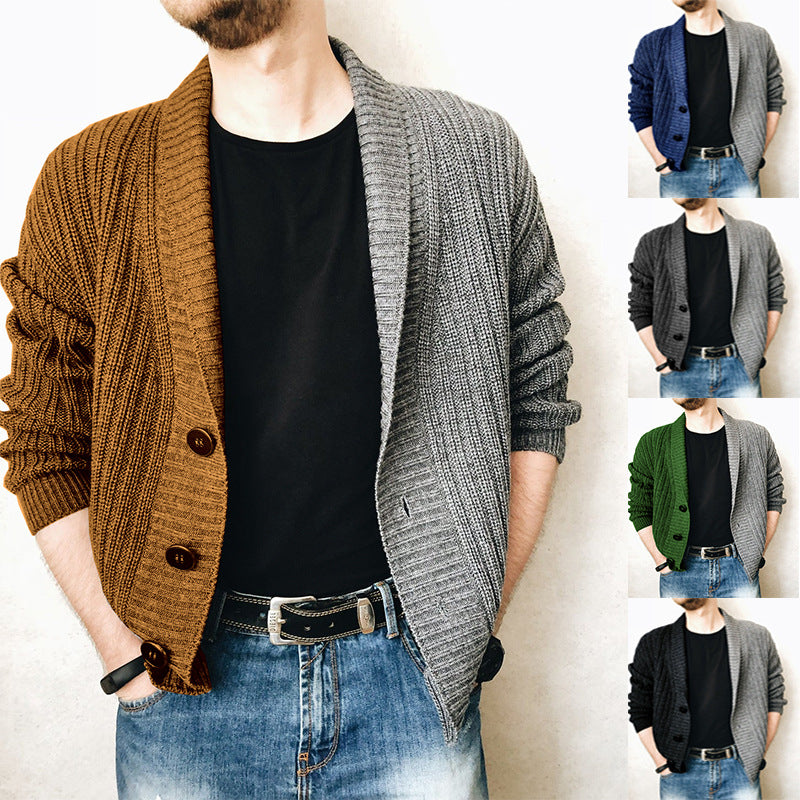 Men's chunky knit cardigan with shawl collar, ribbed texture and distinctive buttons Chichicherry