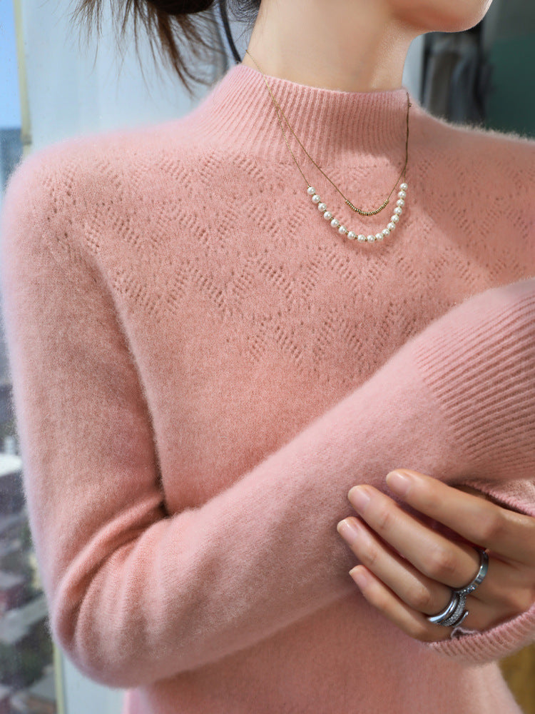 Women's Slim Minimalist Stand Collar Fine Knit Sweater with Ribbed Neck Chichicherry
