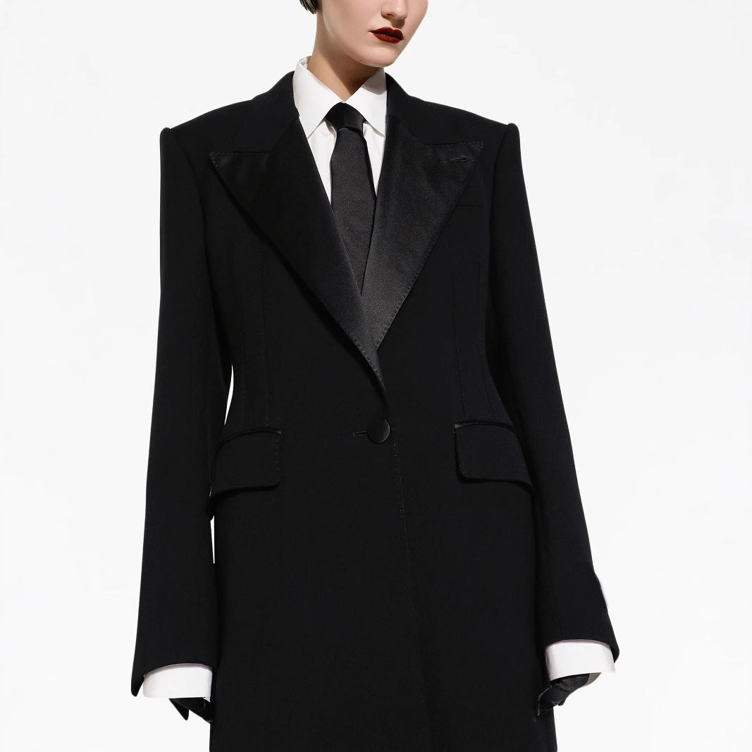 Women Elegant Tuxedo Pantsuit with Long Coat and Wide Pleated Trousers Chichicherry