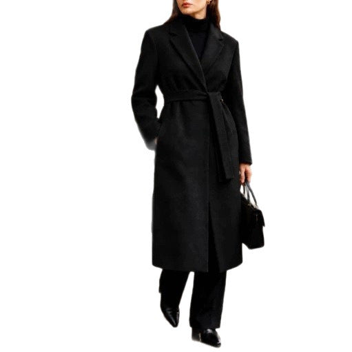 Women's Long Tailored Wool Coat with Tied Belt and Lapels Chichicherry