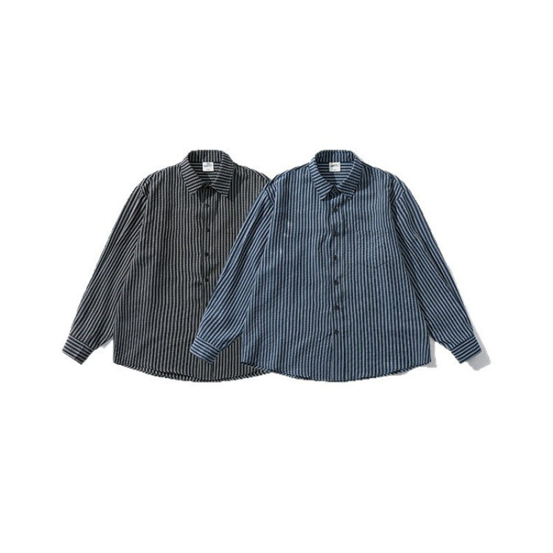 Men's Loose Striped Boxy Shirt made of Cotton Blend with Chest Pocket Chichicherry