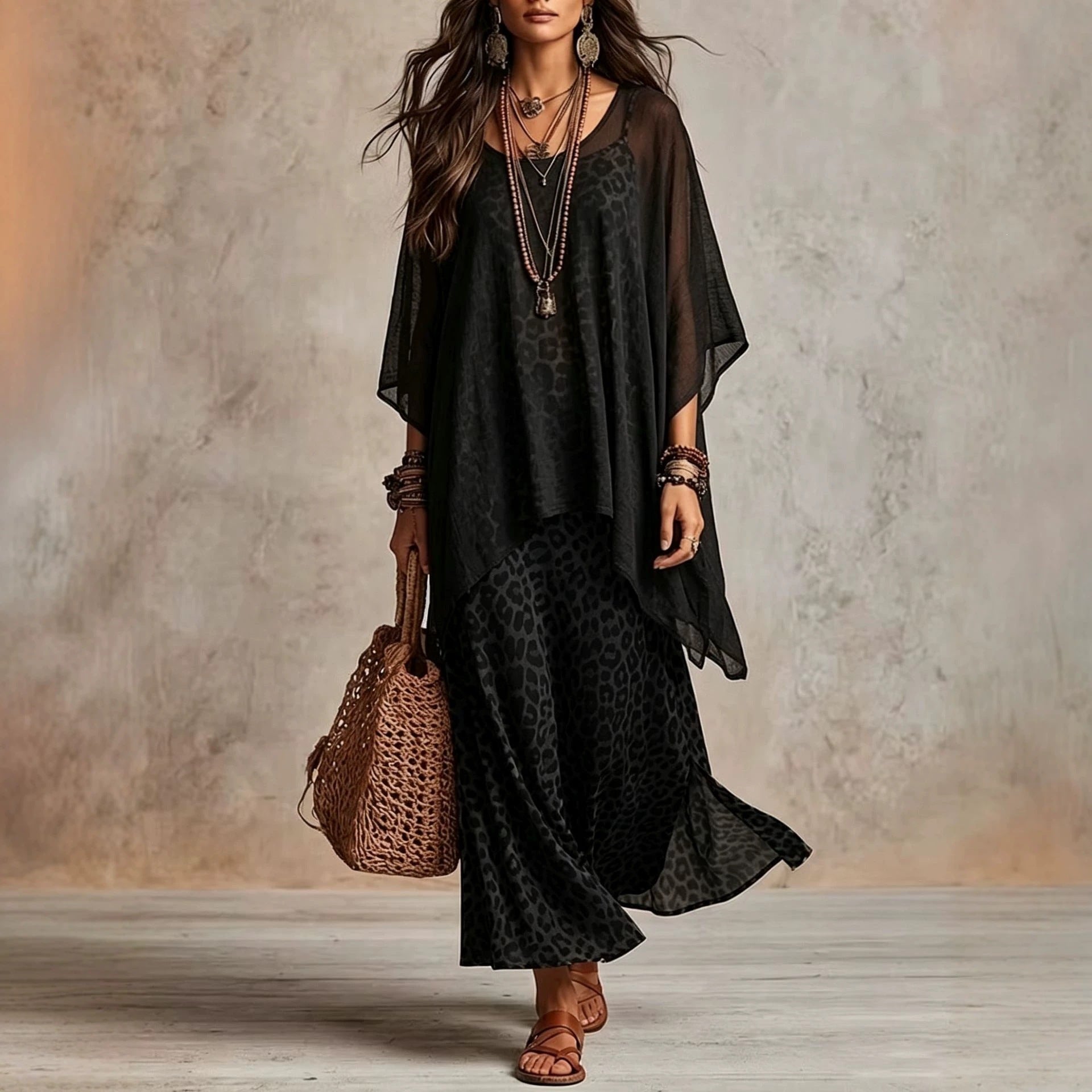Ladies Boho maxi dress with transparent poncho overlay and leopard print
