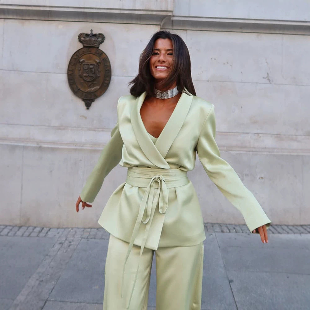 Women's Satin Two-Piece with Fitted Wrap Blazer and Wide Palazzo Pants Chichicherry