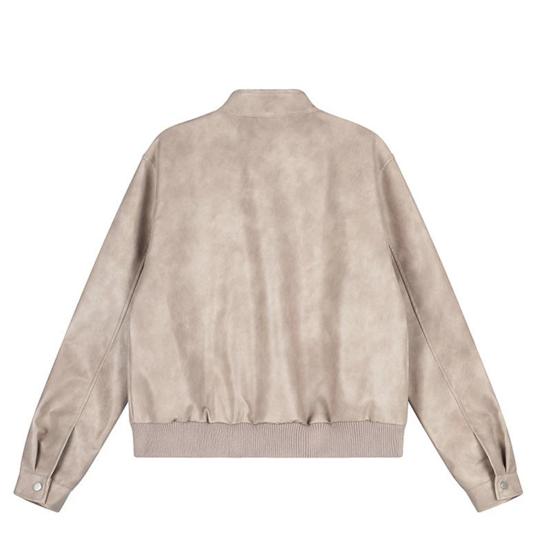 Women's short-cut faux leather bomber jacket with stand-up collar, shoulder flaps, and ribbed hem Chichicherry