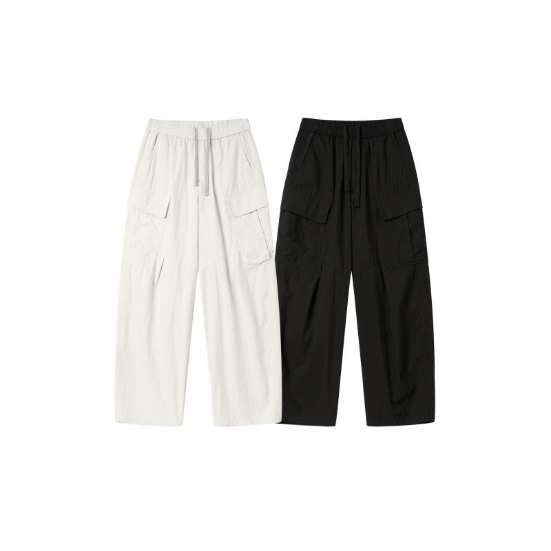 Unisex Wide Cargo Pants with Elastic Waistband, Drawstring and Patch Flap Pockets Chichicherry
