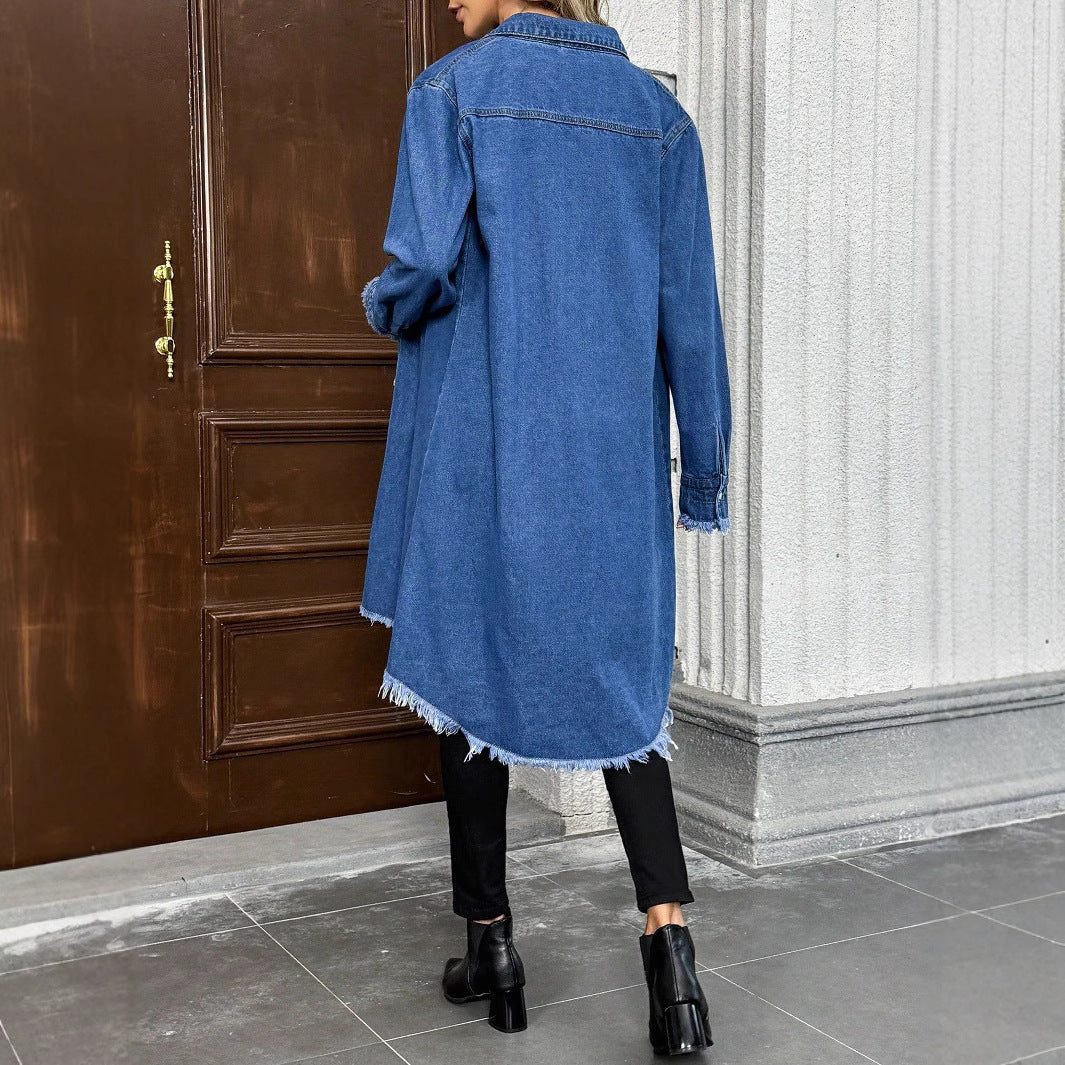 Women's Oversize Denim Shirt Jacket in Longline Cut with Frayed Hem Chichicherry