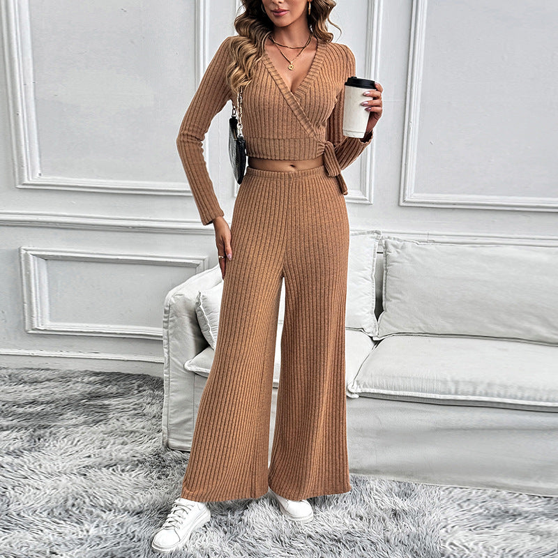Women Knitted Two-Piece Set with Wrap Cropped Cardigan and High-Waisted Wide Ribbed Trousers Chichicherry