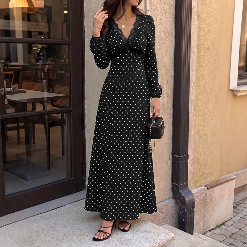 Women's Polka-Dot Maxi Dress with Lace V-Neck, Empire Waistline, and Long Flowing Skirt Chichicherry