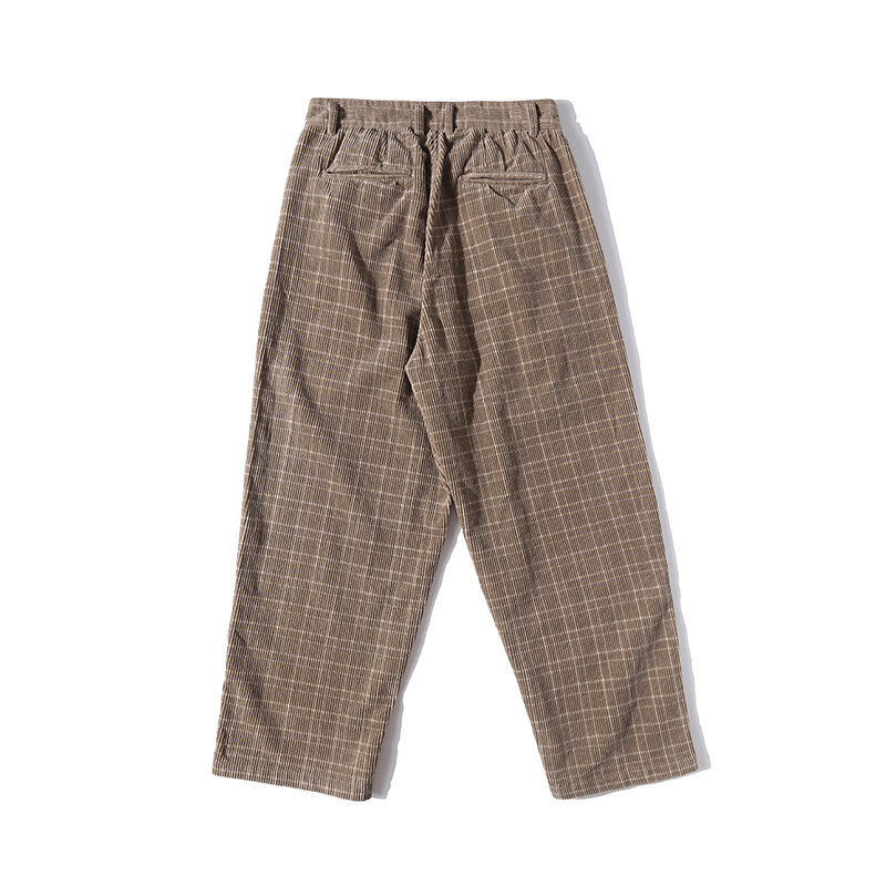 Men's Wide Cord Pants with Pleats, Cropped Cut and Check Pattern Chichicherry