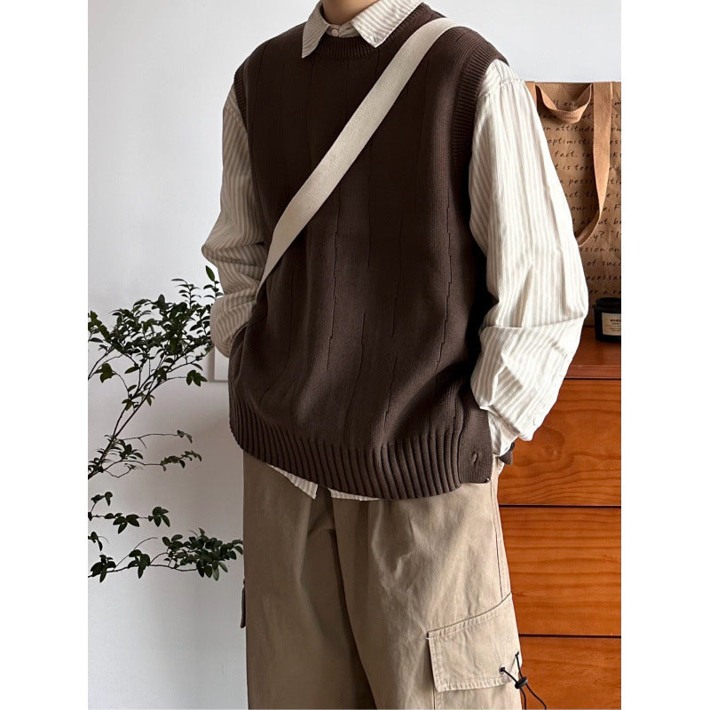 Herren Oversized Ärmellose Strickweste mit geripptem Saum und Rundhalsausschnitt Chichicherry