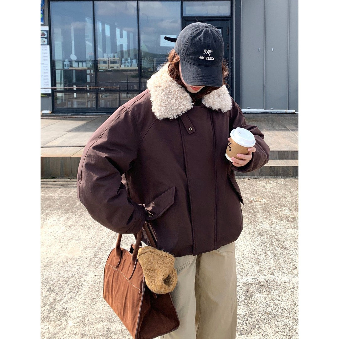 Women's Oversize Short Jacket with Teddy Collar and Flap Pockets Chichicherry