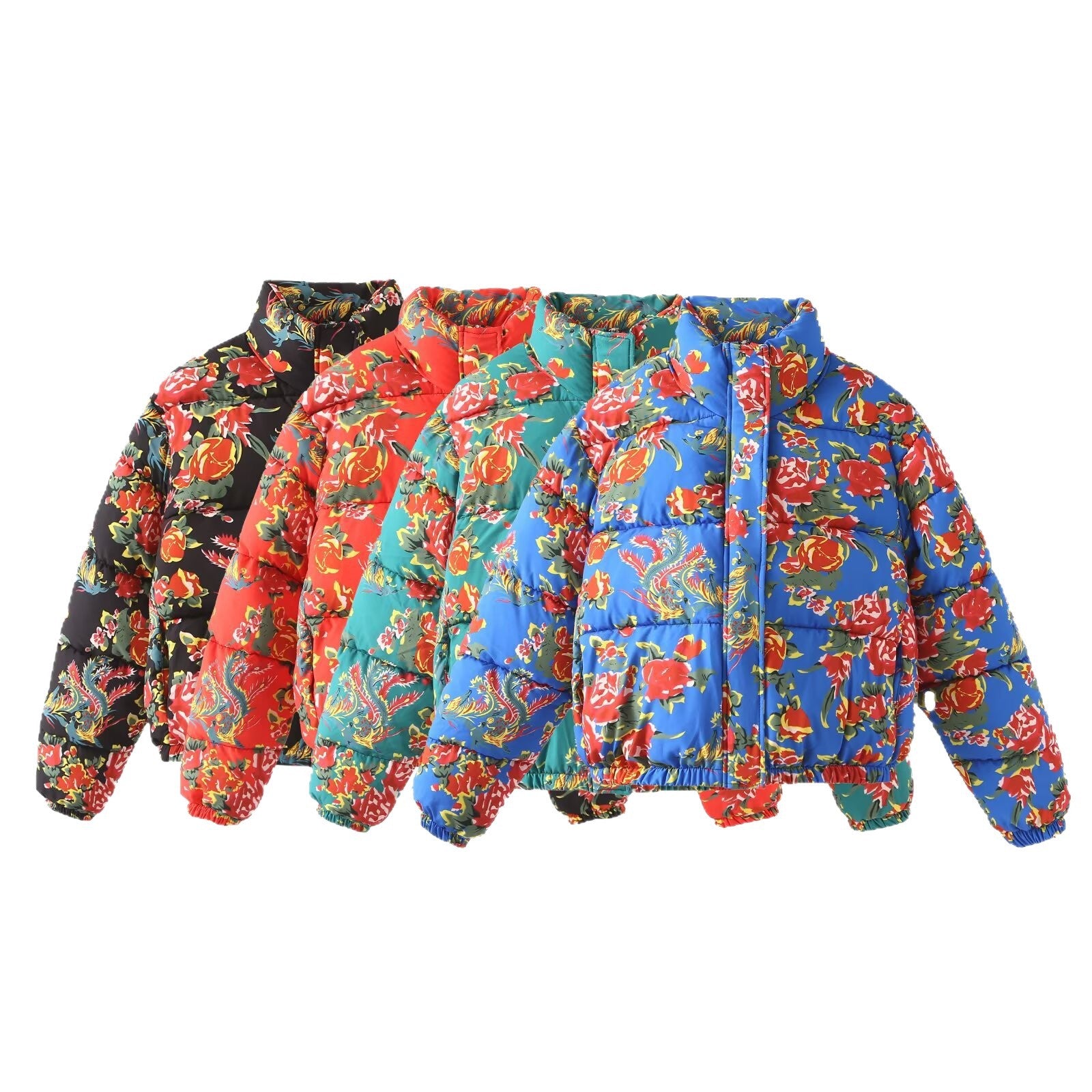 Women's Quilted Padded Short Jacket with Floral Allover Print and Stand-Up Collar Chichicherry