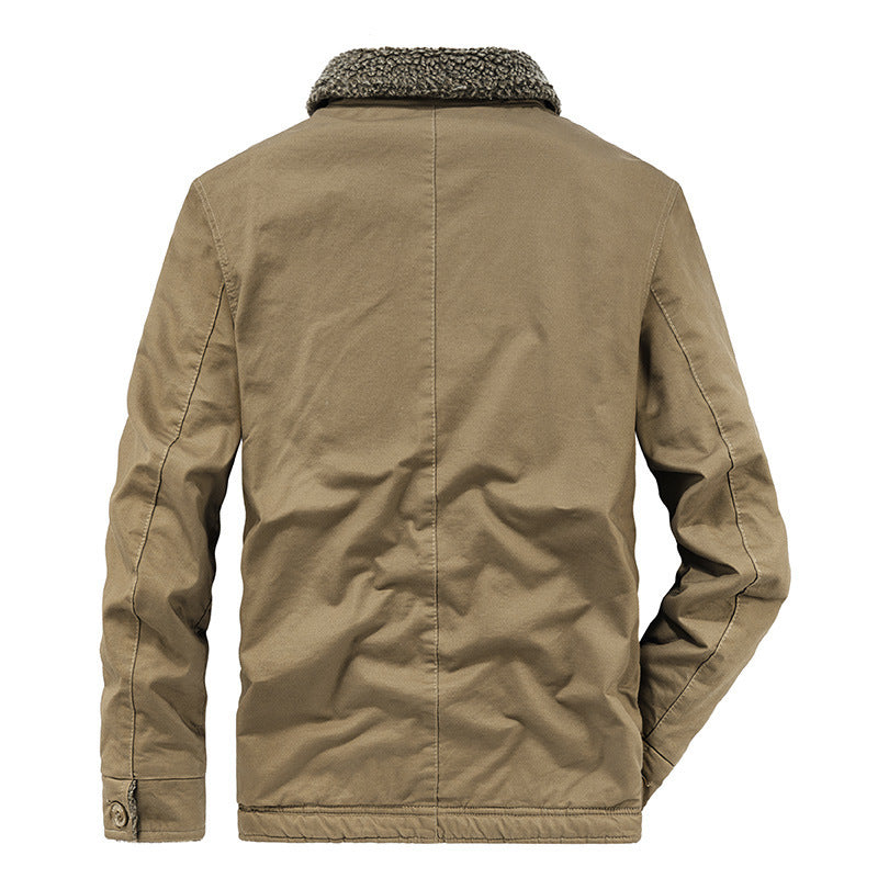 Men's canvas work jacket with sherpa lining, stand-up collar, and diagonal pockets Chichicherry
