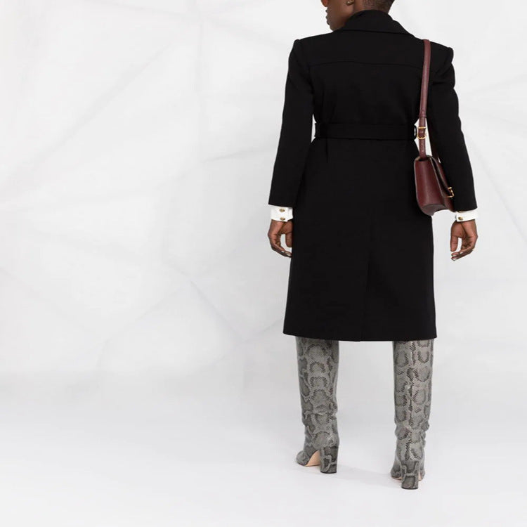 Women Tailored Midi Coat with Belt and Flap Pockets Chichicherry