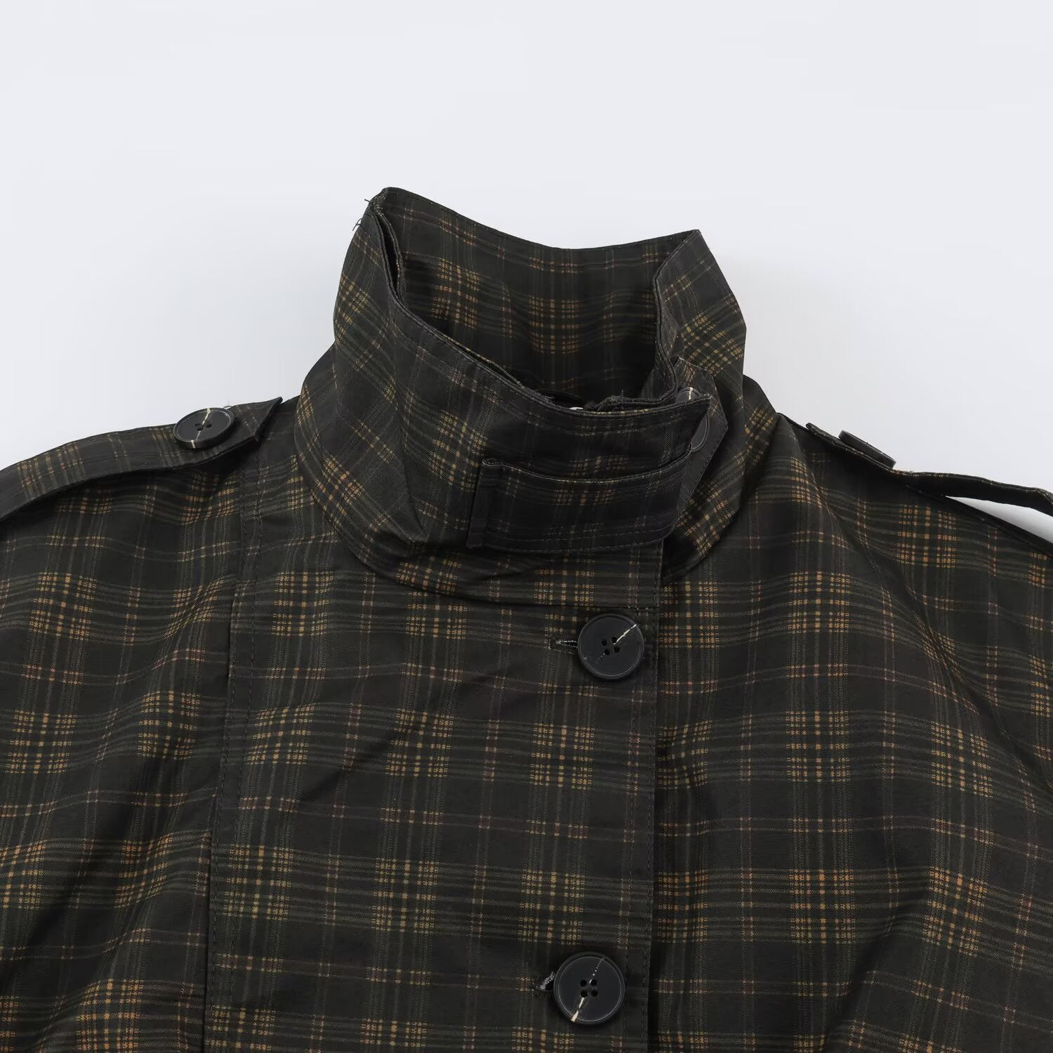 Ladies Checked Cropped Bomber with Wide Balloon Sleeves and High Stand-Up Collar Chichicherry