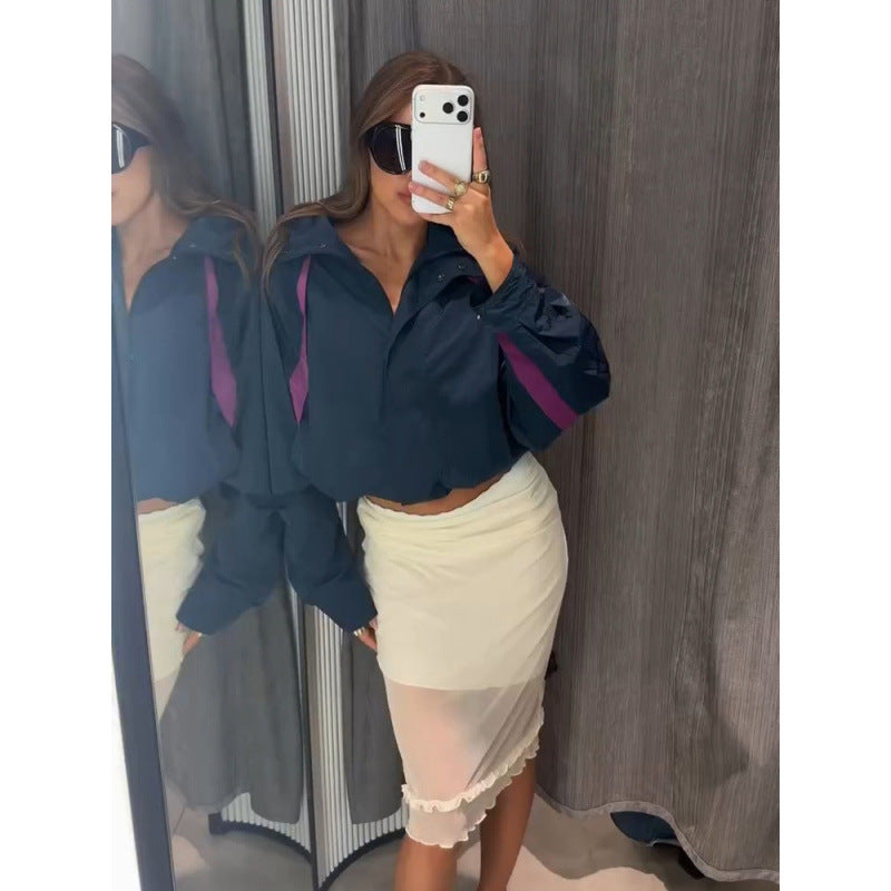 Women's Lightweight Oversized Windbreaker with High Stand-Up Collar and Contrast Stripes Chichicherry