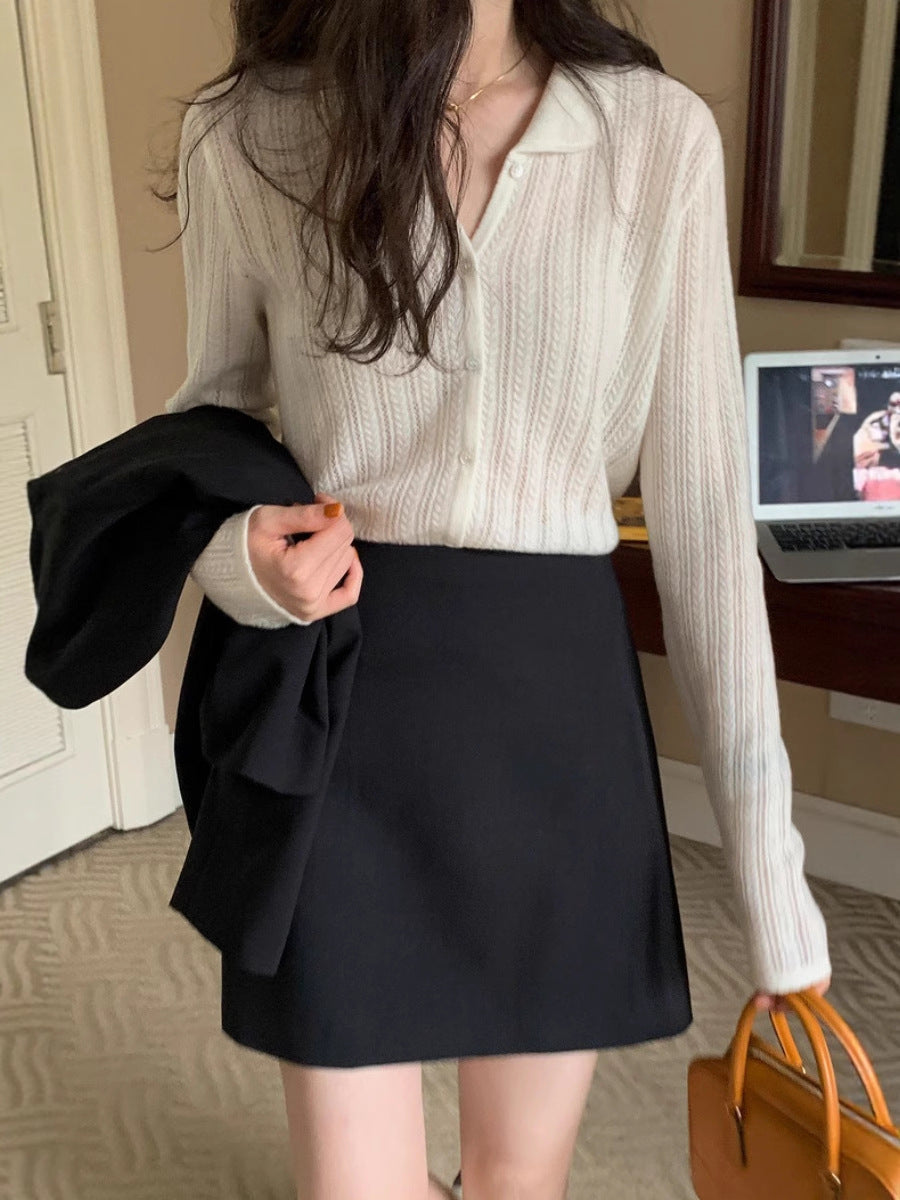 Women Light Ajour Knit Button Cardigan with Shirt Collar and Fine Cable Pattern Structure Chichicherry