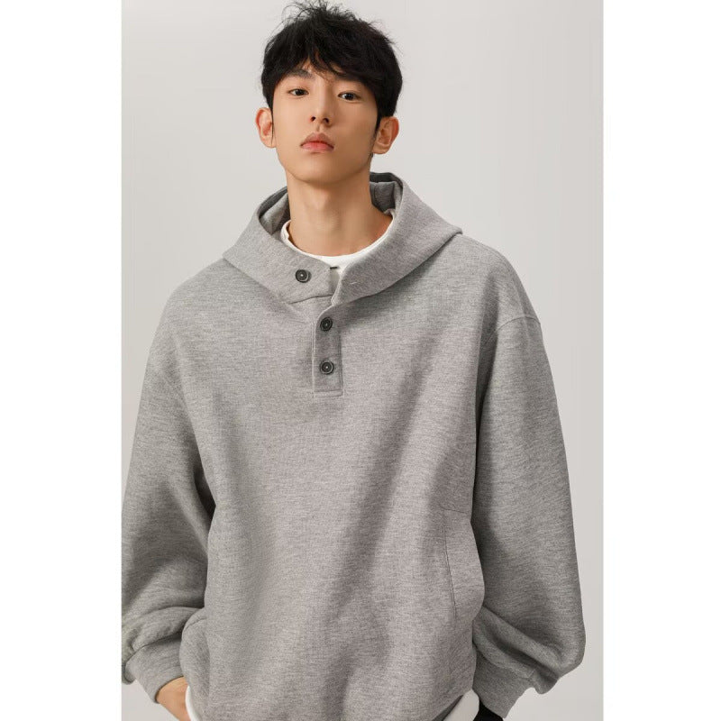 Herren Oversized Kapuzenpullover mit 3‑Knopf‑Leiste und seitlichen Eingrifftaschen Chichicherry