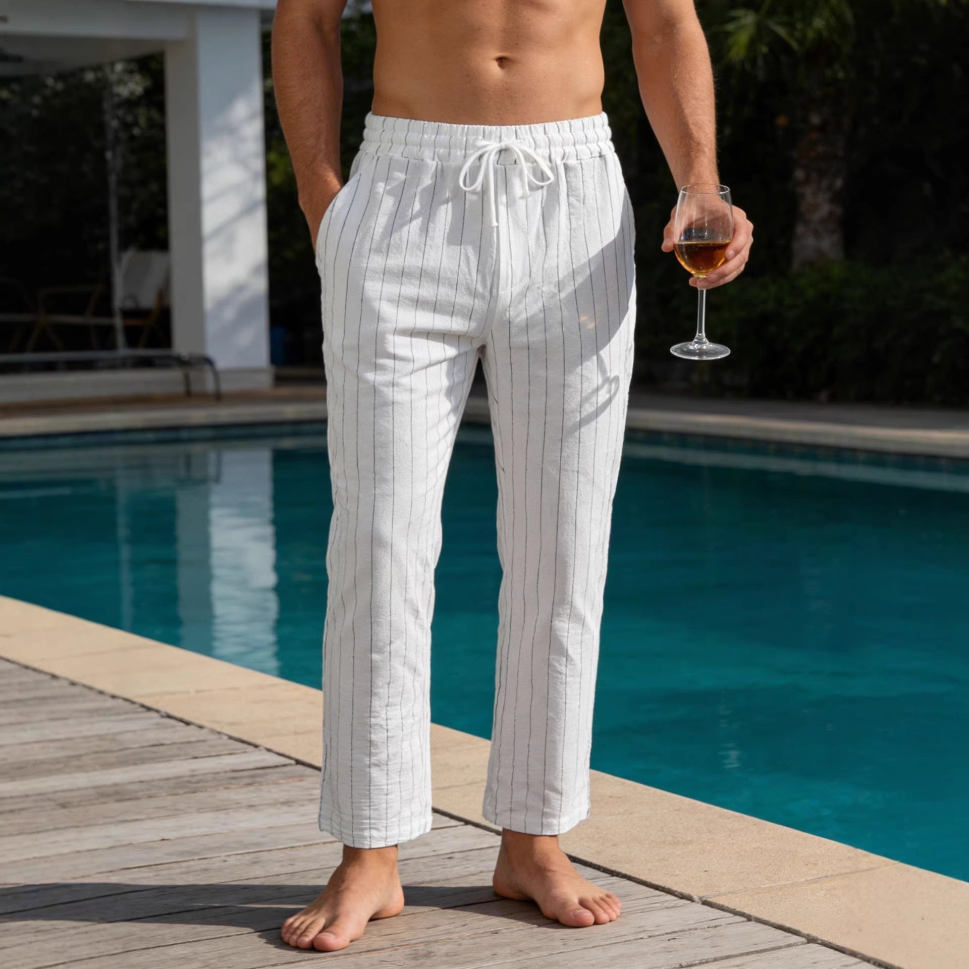 Men's Relaxed Pinstripe Casual Pants with Elastic Waistband and Drawstring Chichicherry