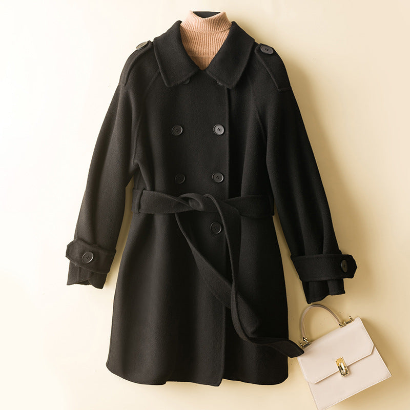 Women's Double-Breasted Wool Blend Coat with Waist Belt, Epaulettes and Adjustable Cuffs Chichicherry