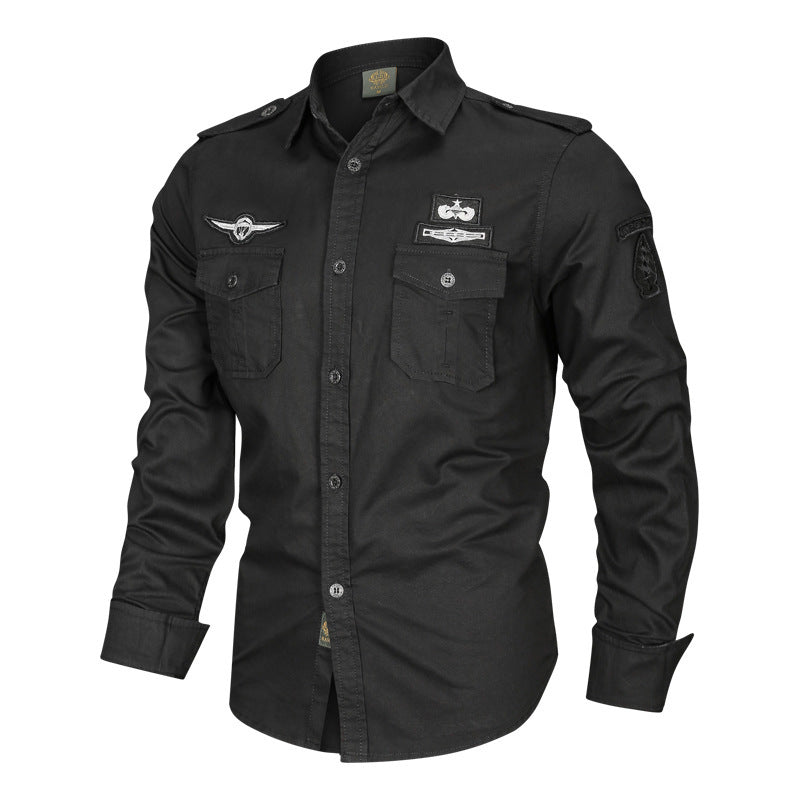 Men's military shirt with shoulder epaulets, applied chest pockets, and badge applications Chichicherry