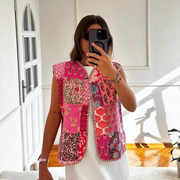 Ladies Quilted Waistcoat with Toile Print, Striped Lining and Drawstring Chichicherry