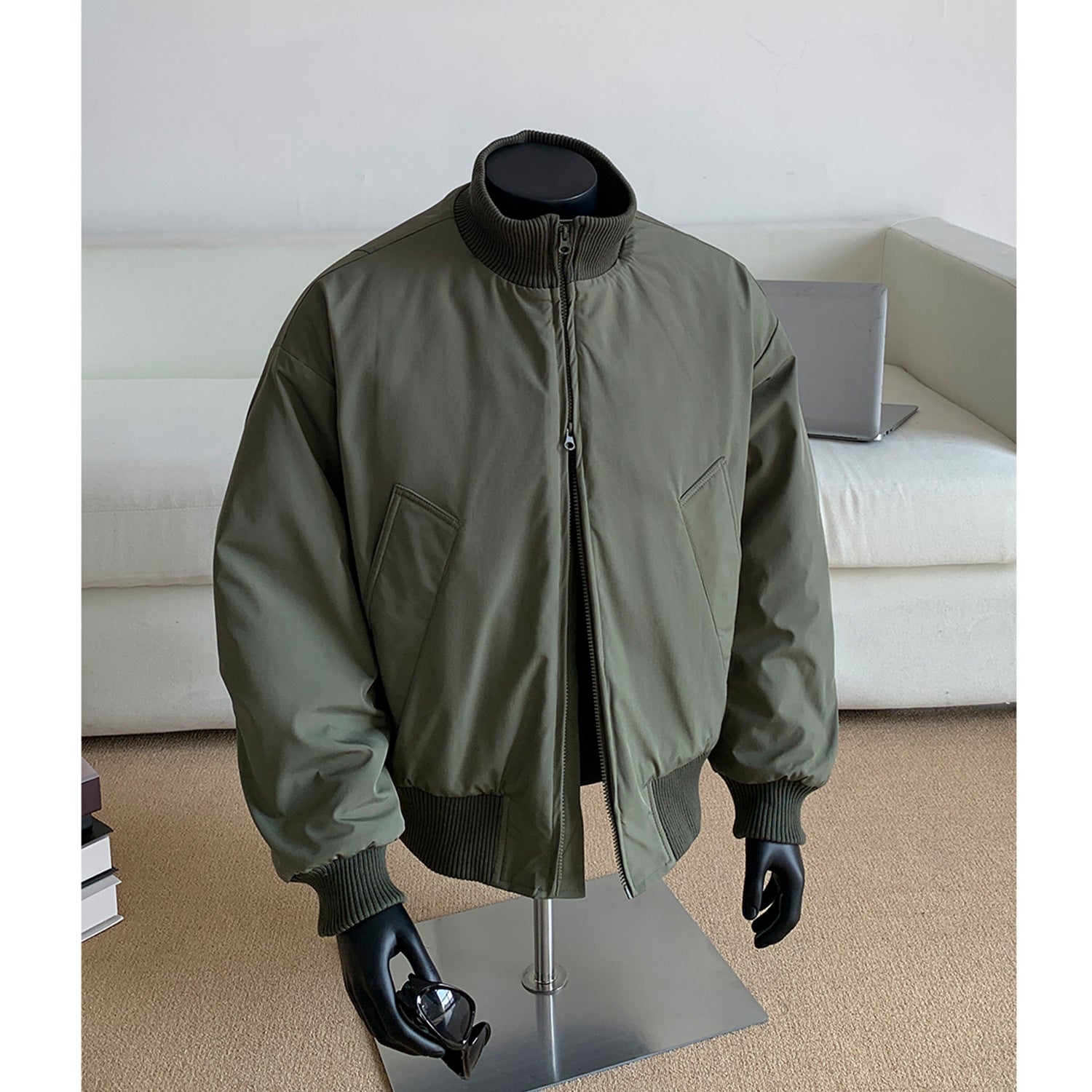 Men's Oversized Quilted Bomber with High Ribbed Collar Construction and Hidden Zipper Chichicherry