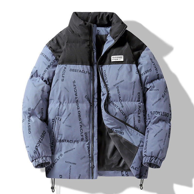 Men's Padded Quilted Jacket with Graphic Text Print, Stand Collar and Adjustable Hem Chichicherry