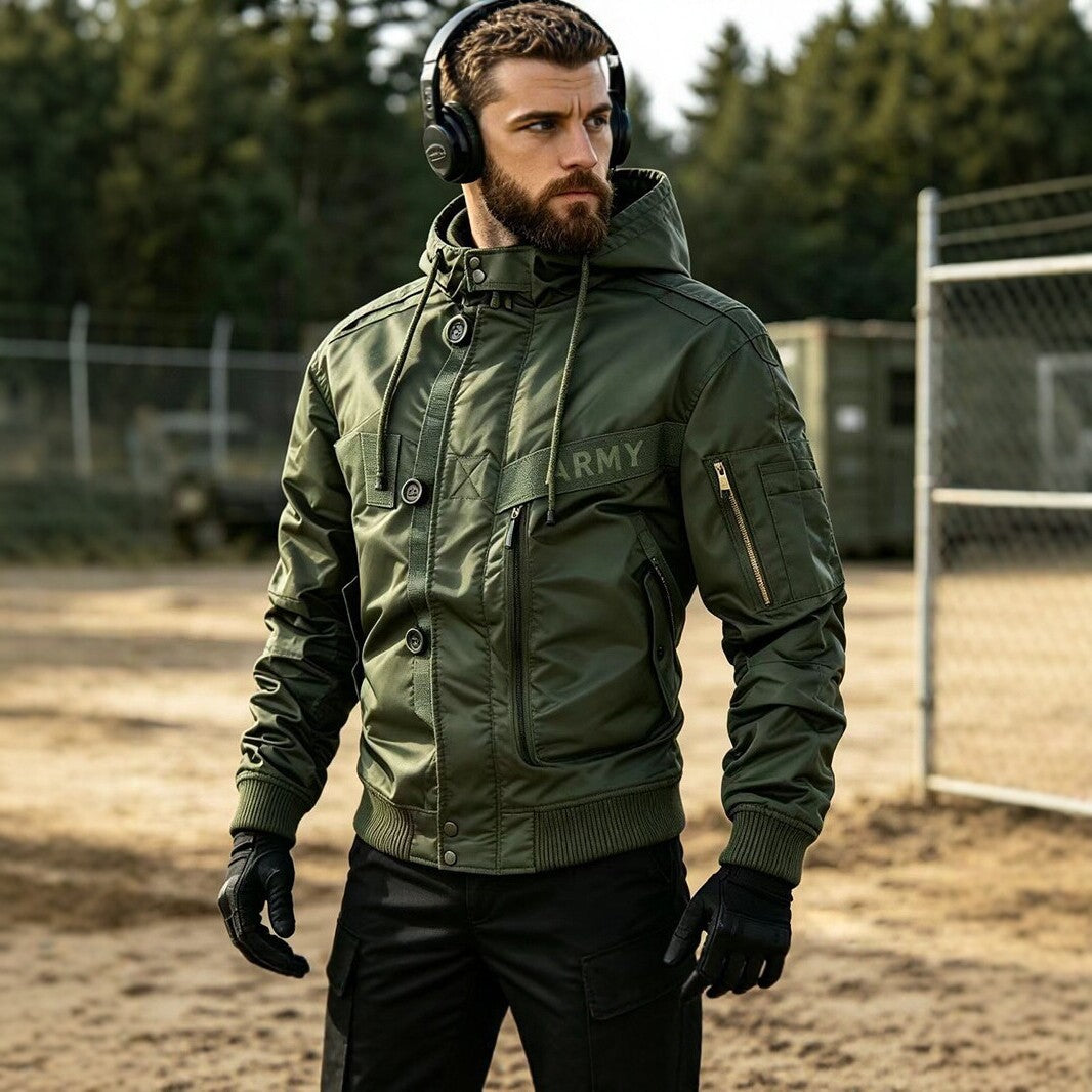 Men's Military-Inspired Hooded Bomber Jacket with Utility Pockets Chichicherry