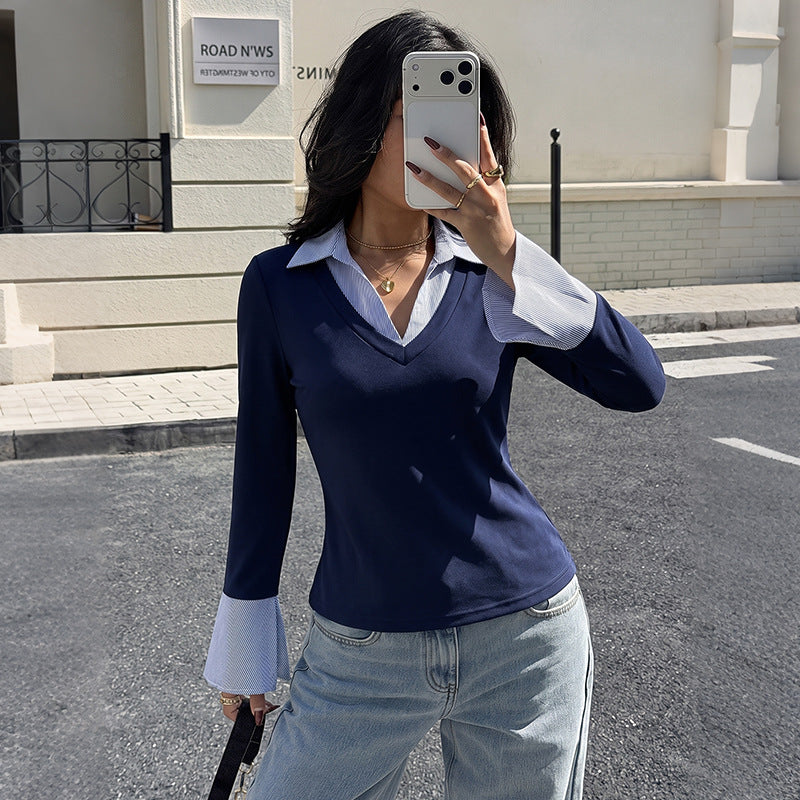 Women Fitted Layering Long Sleeve Shirt with Shirt Collar and Flared Cuffs Chichicherry
