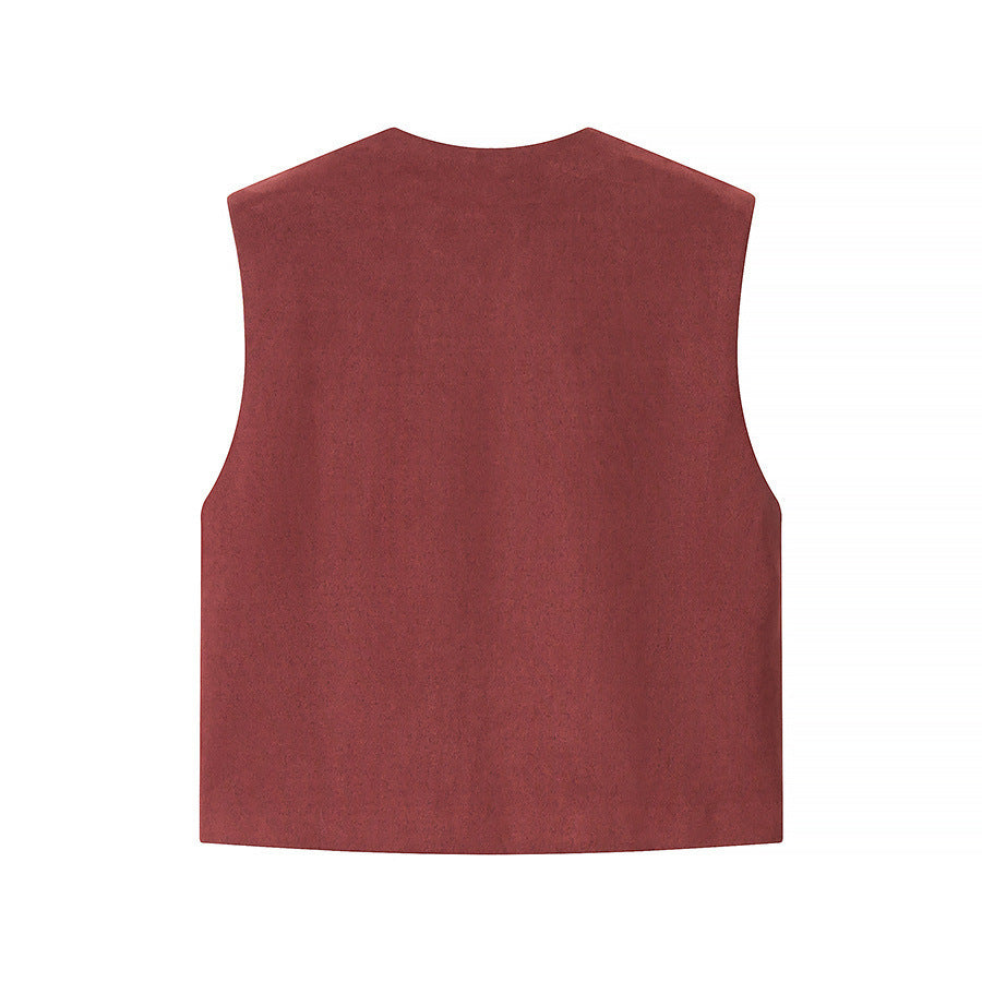 Ladies Embroidered Suede-Look Vest with Three-Dimensional Flower Appliqué Chichicherry
