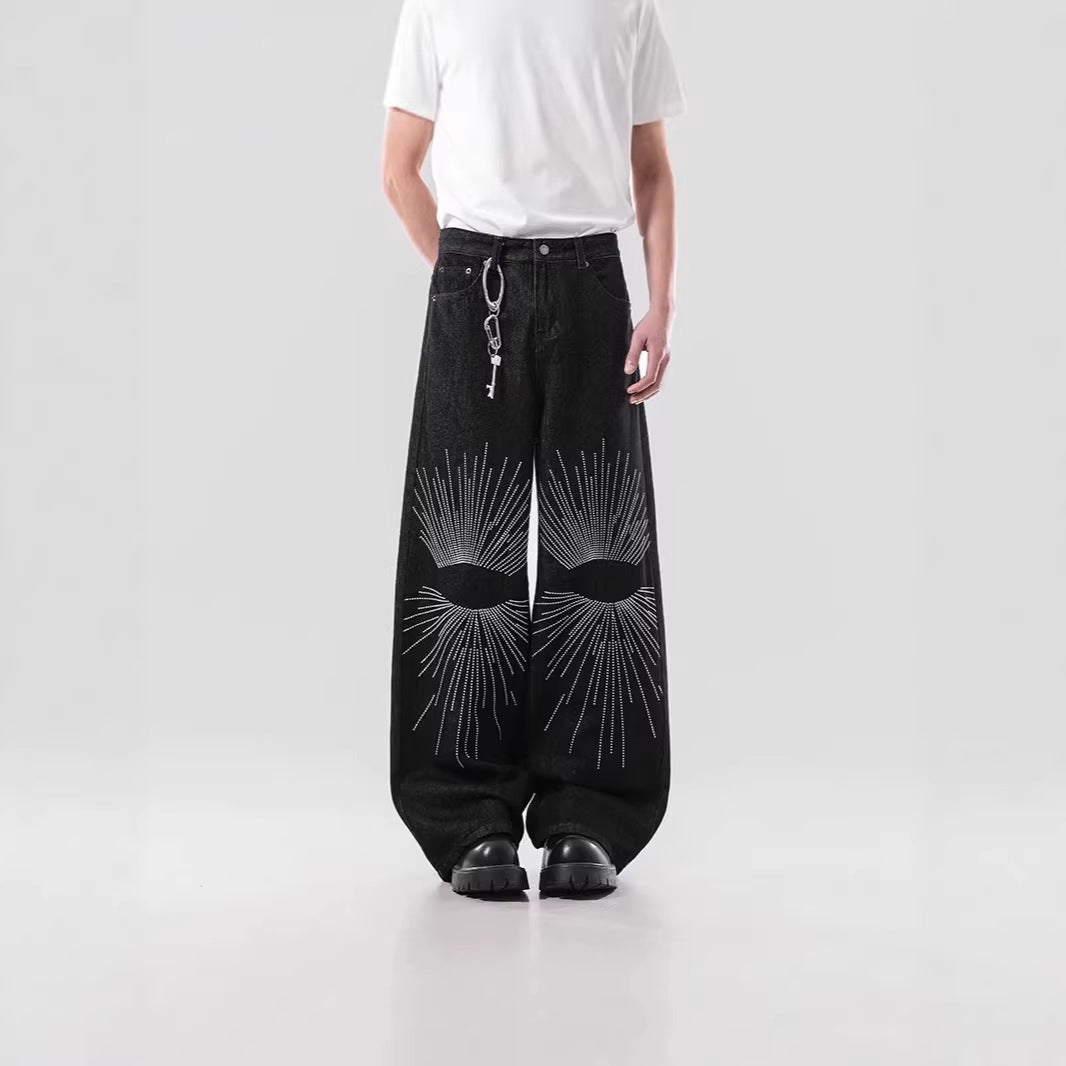 Men's Loose-Fitting Denim Jeans with Unique Graphic Design Chichicherry