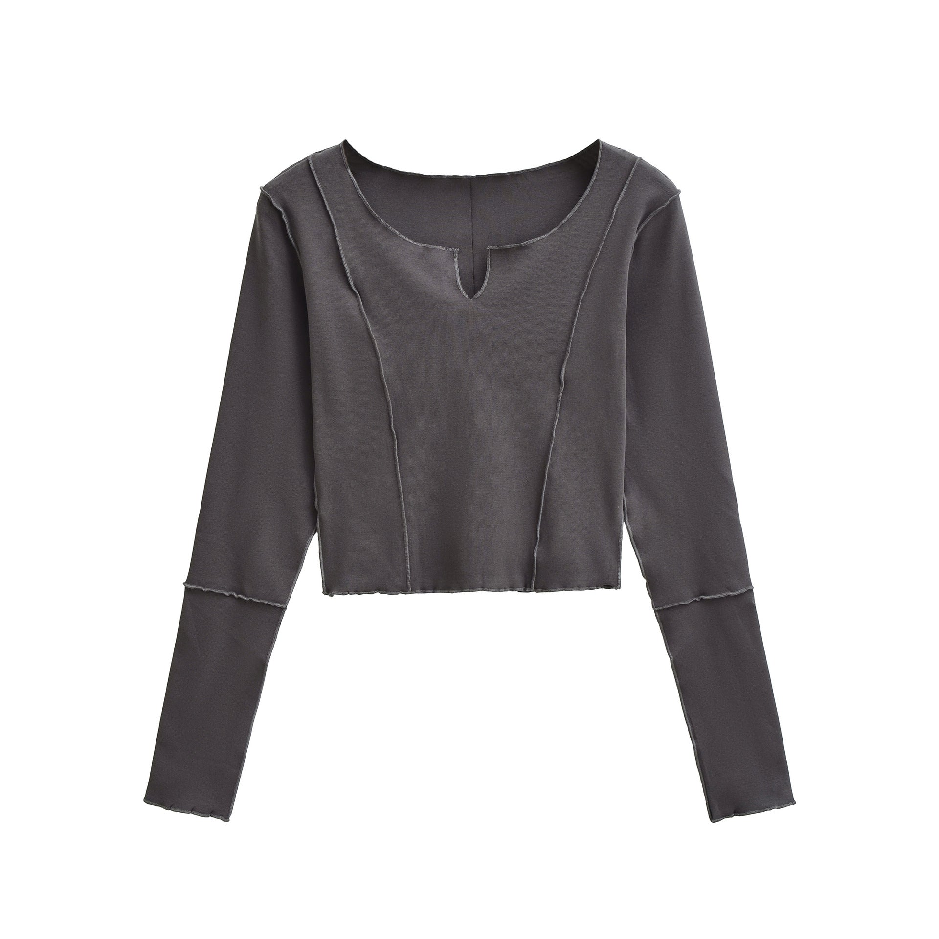 Women's Short Sleeve Long Sleeve Shirt with Visible Rolled Seams and Slit Collar Chichicherry