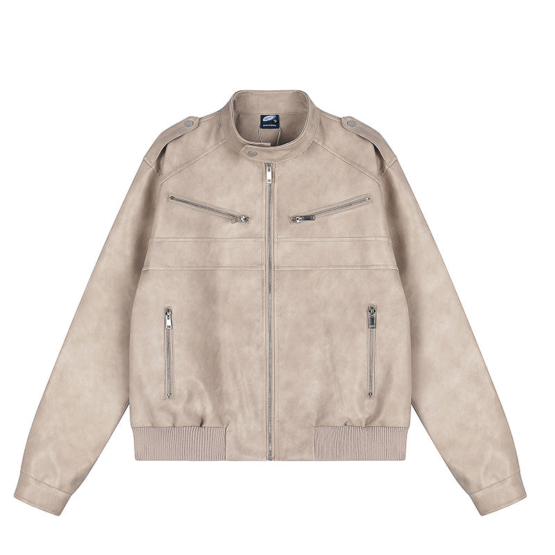 Women's short-cut faux leather bomber jacket with stand-up collar, shoulder flaps, and ribbed hem Chichicherry