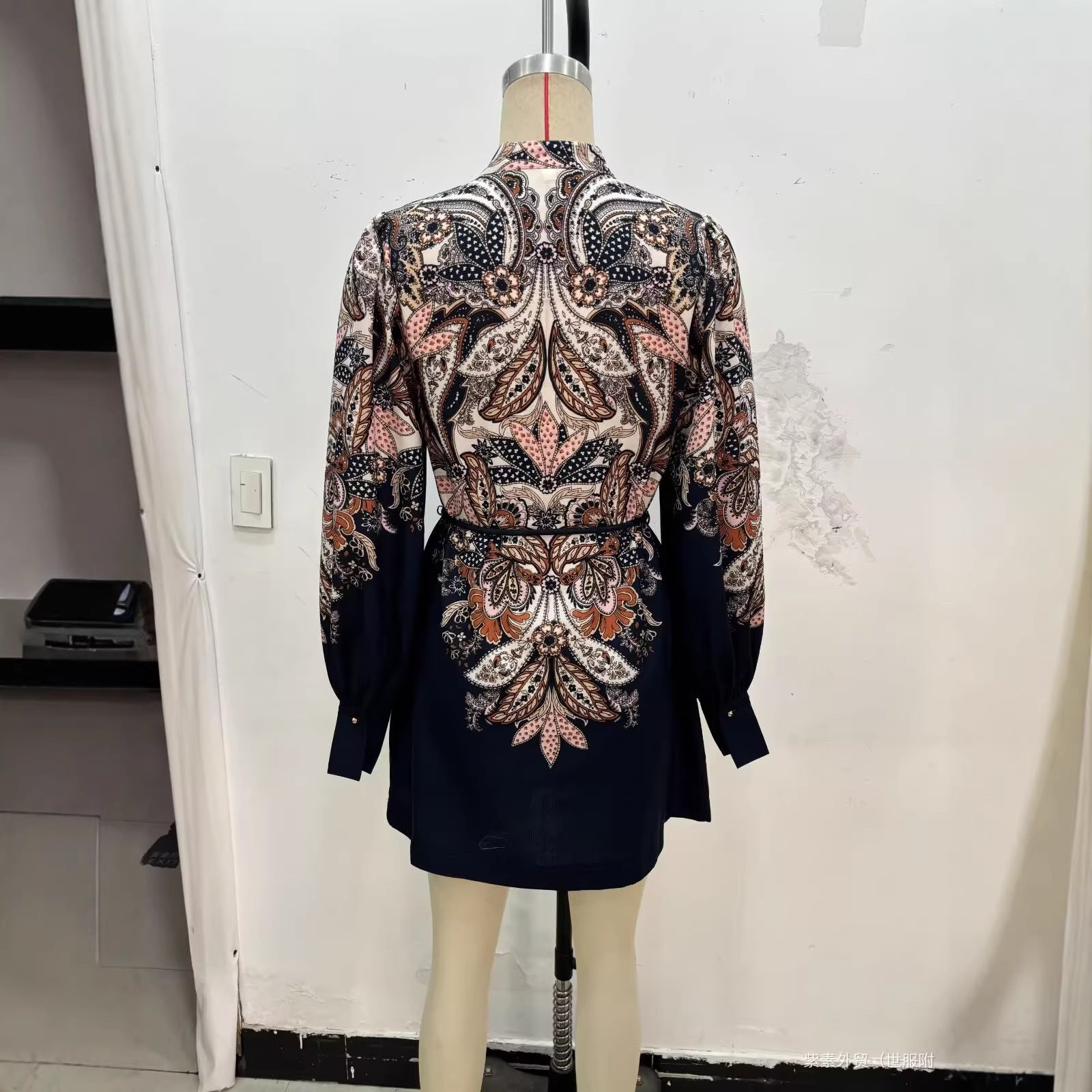 Women's Patterned Tunic Dress with Ties, Stand Collar and Balloon Sleeves Chichicherry