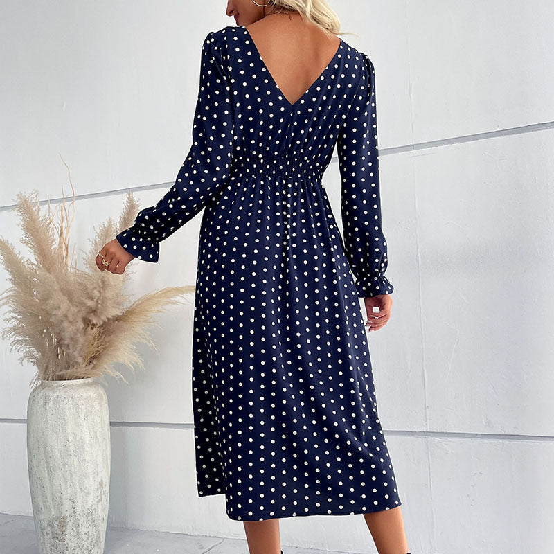 Women's Polka Dot Midi Dress with Ruffled Waist and Balloon Sleeves Chichicherry