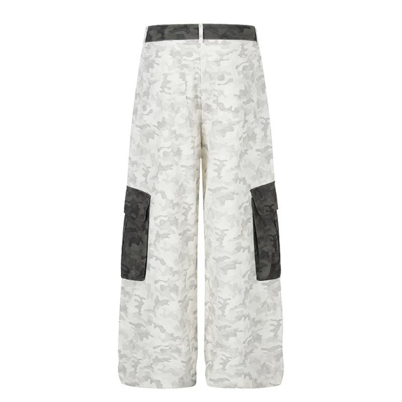 Women's Wide Cargo Pants with High Waist, Camouflage Print and Contrast Pockets Chichicherry