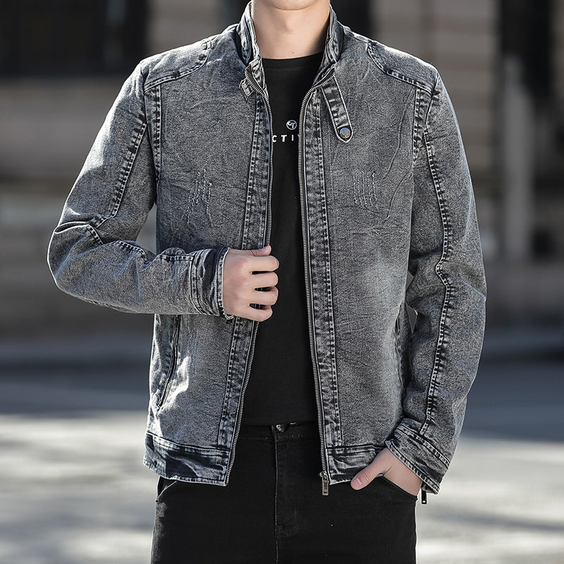 Men's Slim-Fit Washed Denim Jacket with Stand Collar and Zipper Chichicherry
