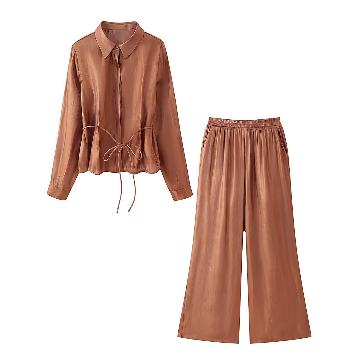 Women's Two-Piece Satin Loungewear Set with Shirt Blouse and Wide Elastic Waist Pants Chichicherry