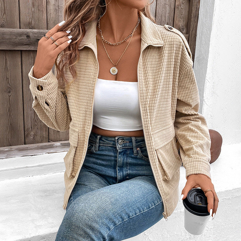 Women Lightweight Waffle-Structure Zip Jacket with Shirt Collar, Shoulder Patches & Flap Pockets Chichicherry