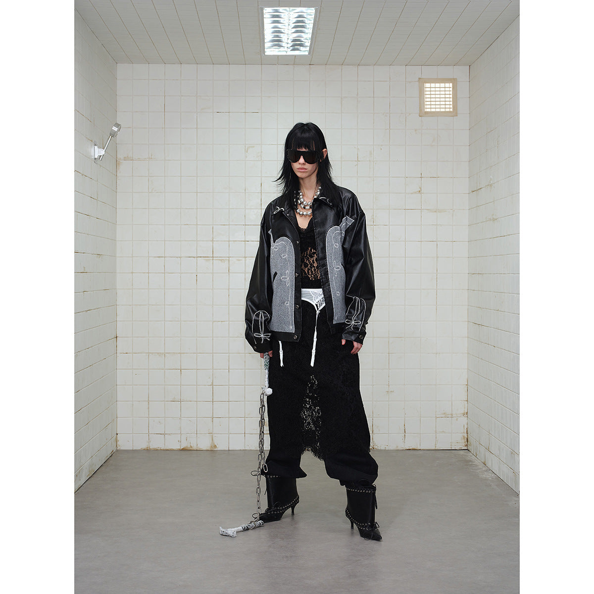Unisex Boxy Blouson made of faux leather and wool blend with Western embroidery Chichicherry