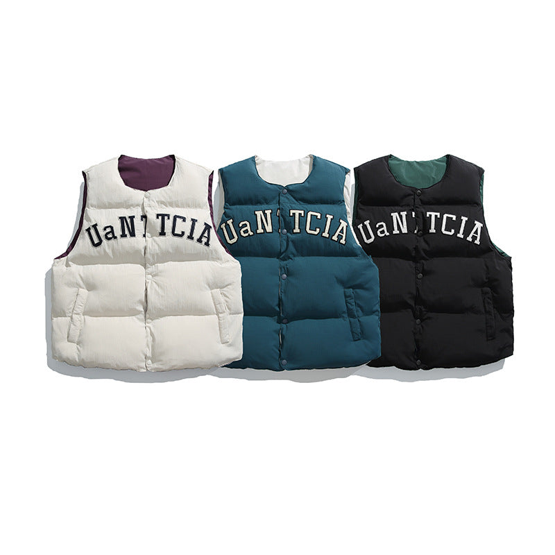 Unisex Padded Quilted Vest in Boxy Cut with Snap Button Closure and College Logo Print Chichicherry