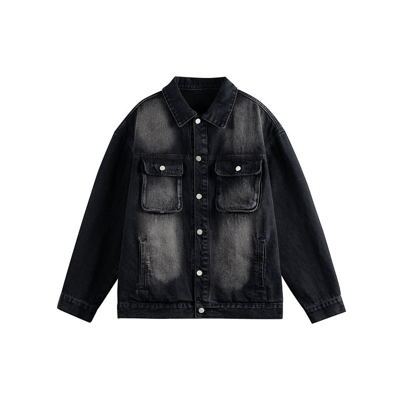 Men's Oversized Denim Jacket with Distressed Wash, Flap Chest Pockets and Button Closure Chichicherry