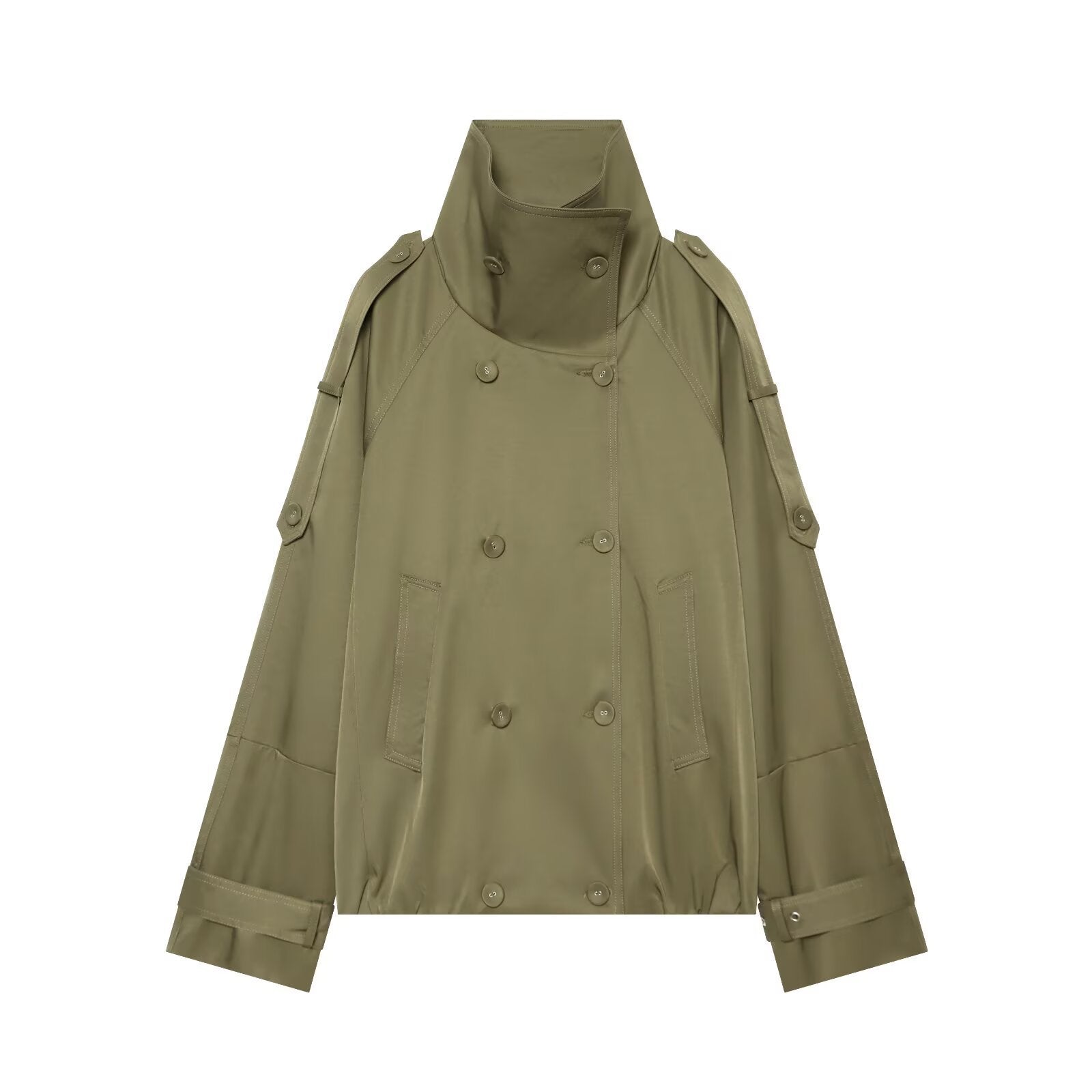 Women's Cape-like Short Double-breasted Trench Coat with High Stand Collar and Adjustable Cuffs Chichicherry