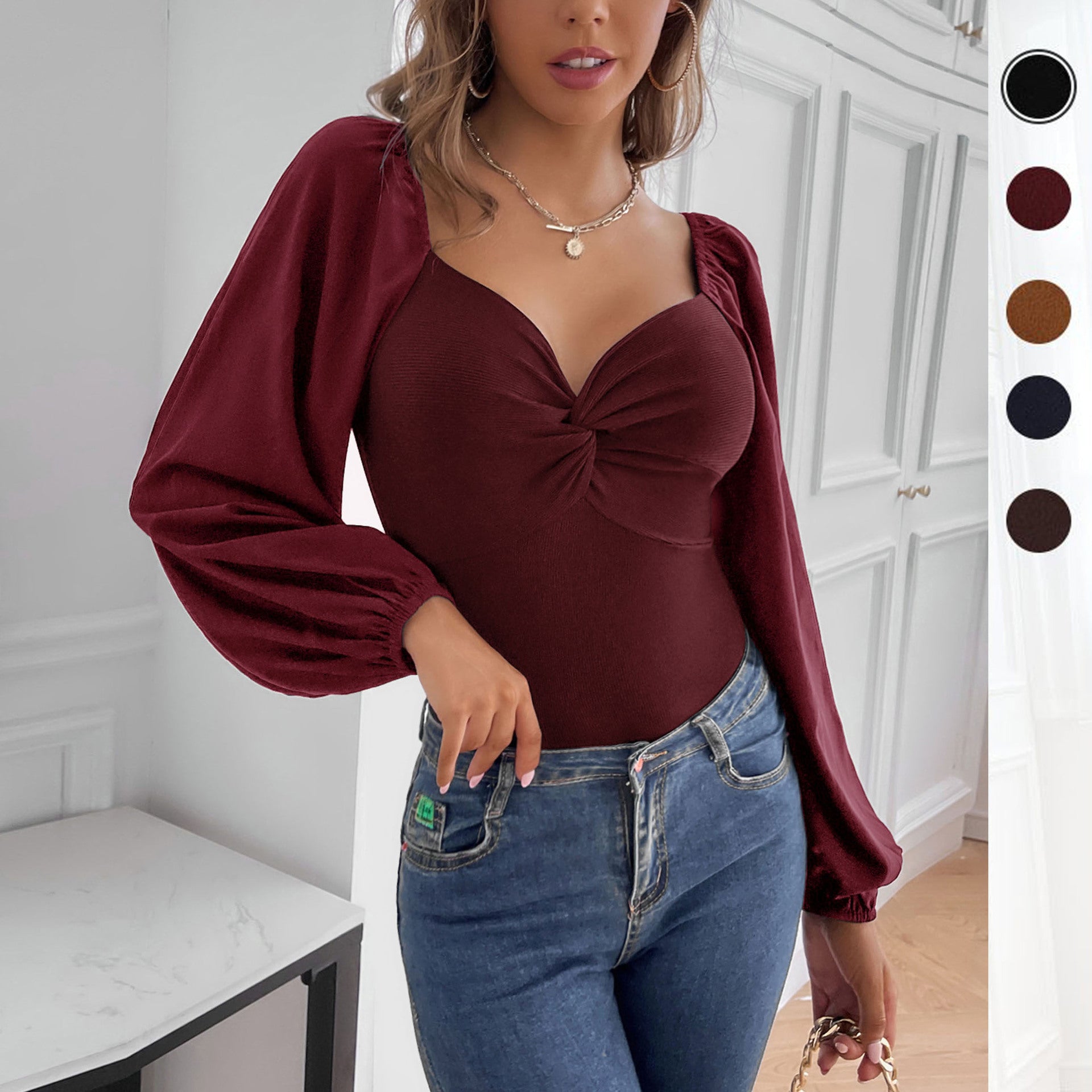 Women's Tailored Bodysuit with Heart Neckline, Knot Front and Balloon Sleeves Chichicherry