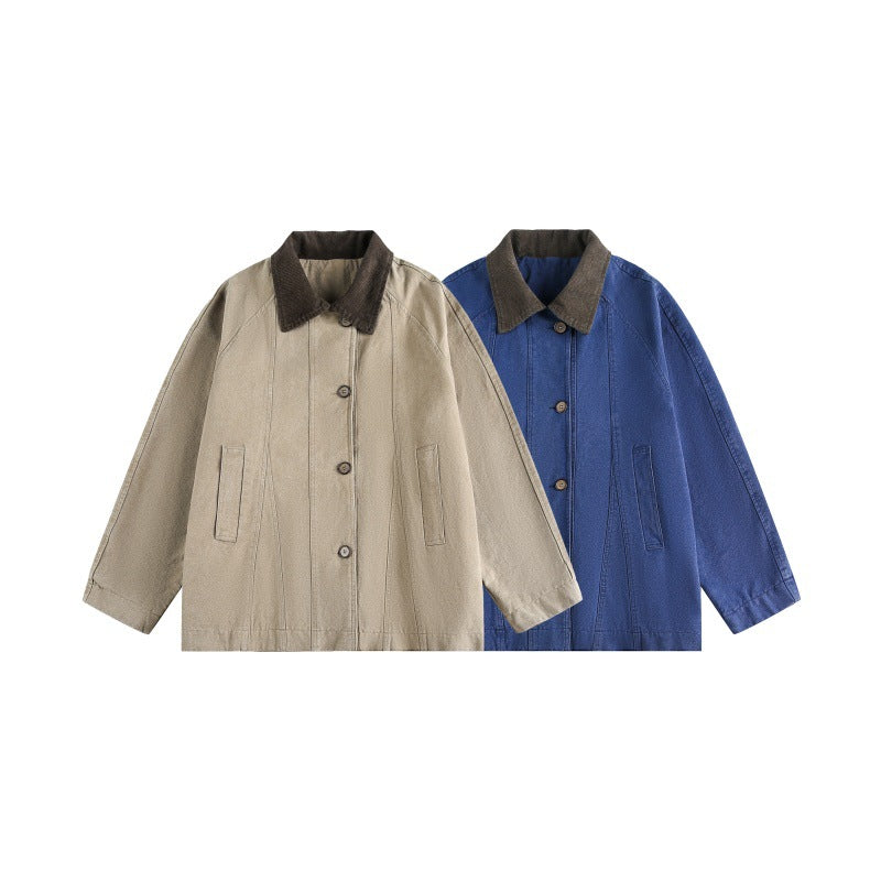 Unisex Short Cut Boxy Denim Jacket with Cord Collar and Tonal Decorative Stitches Chichicherry