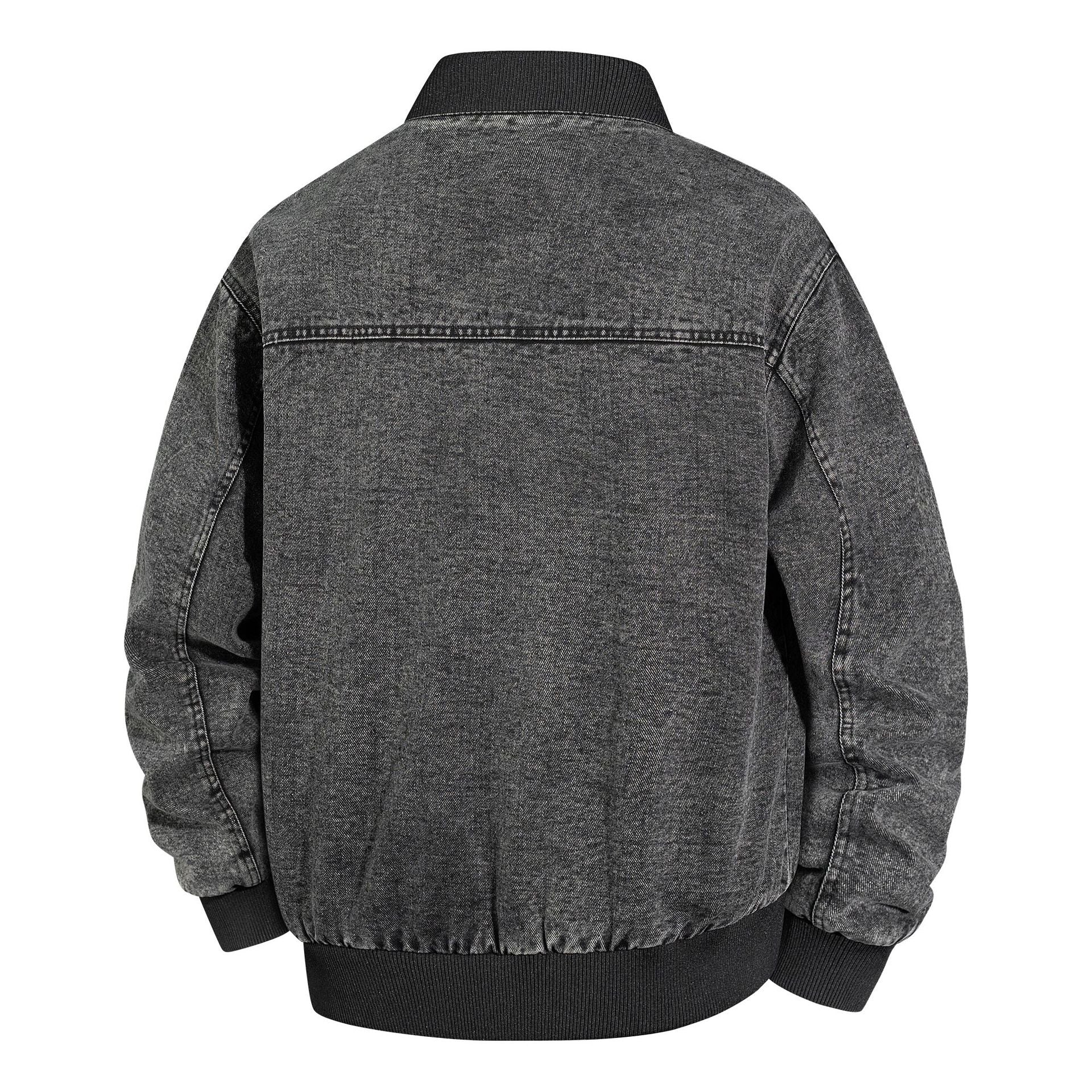 Men's Denim Bomber Jacket with Ribbed Collar and Snap Button Closure Chichicherry