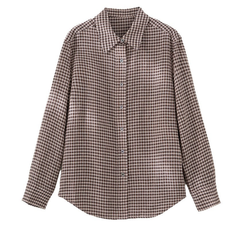 Women Checked Oversize Shirt Blouse with Kent Collar and Rounded Hem Chichicherry